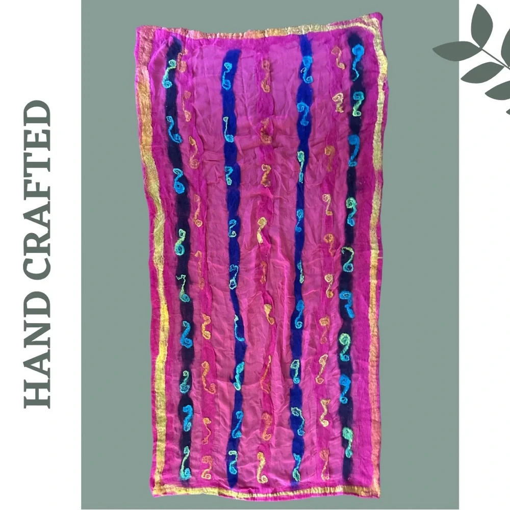 Handcrafted Silk and Felted Wool Scarf Pink Purple Green  Blue Swirl Pattern